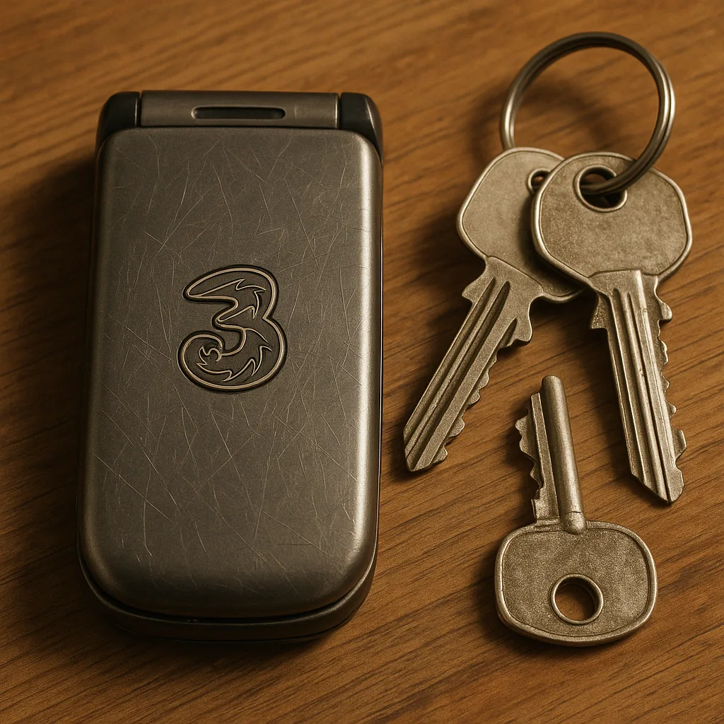Metallic Flip Phone with a "3" Logo