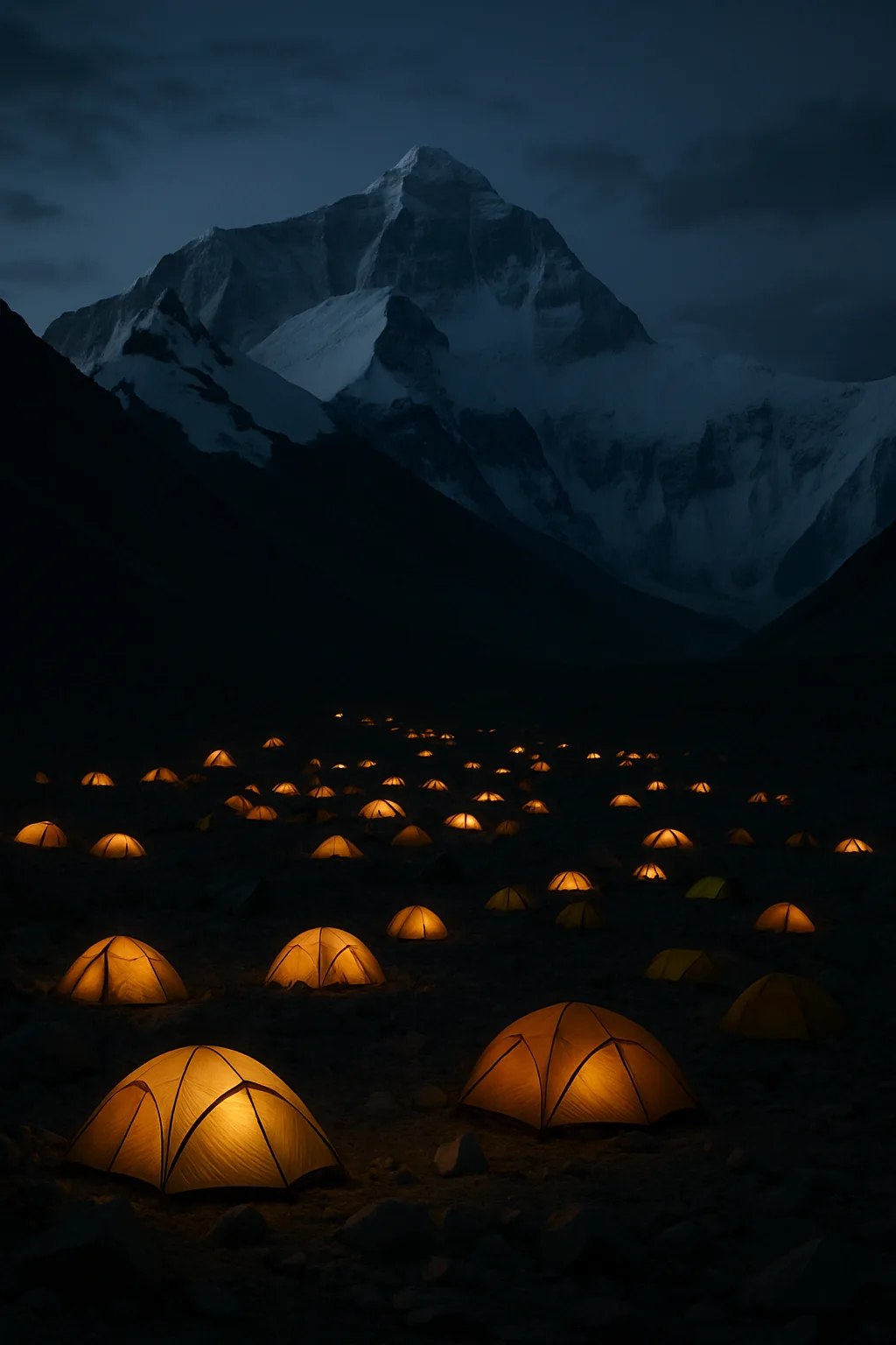 Many Illuminated Tents Cluster at a Sprawling Mountain Base Camp