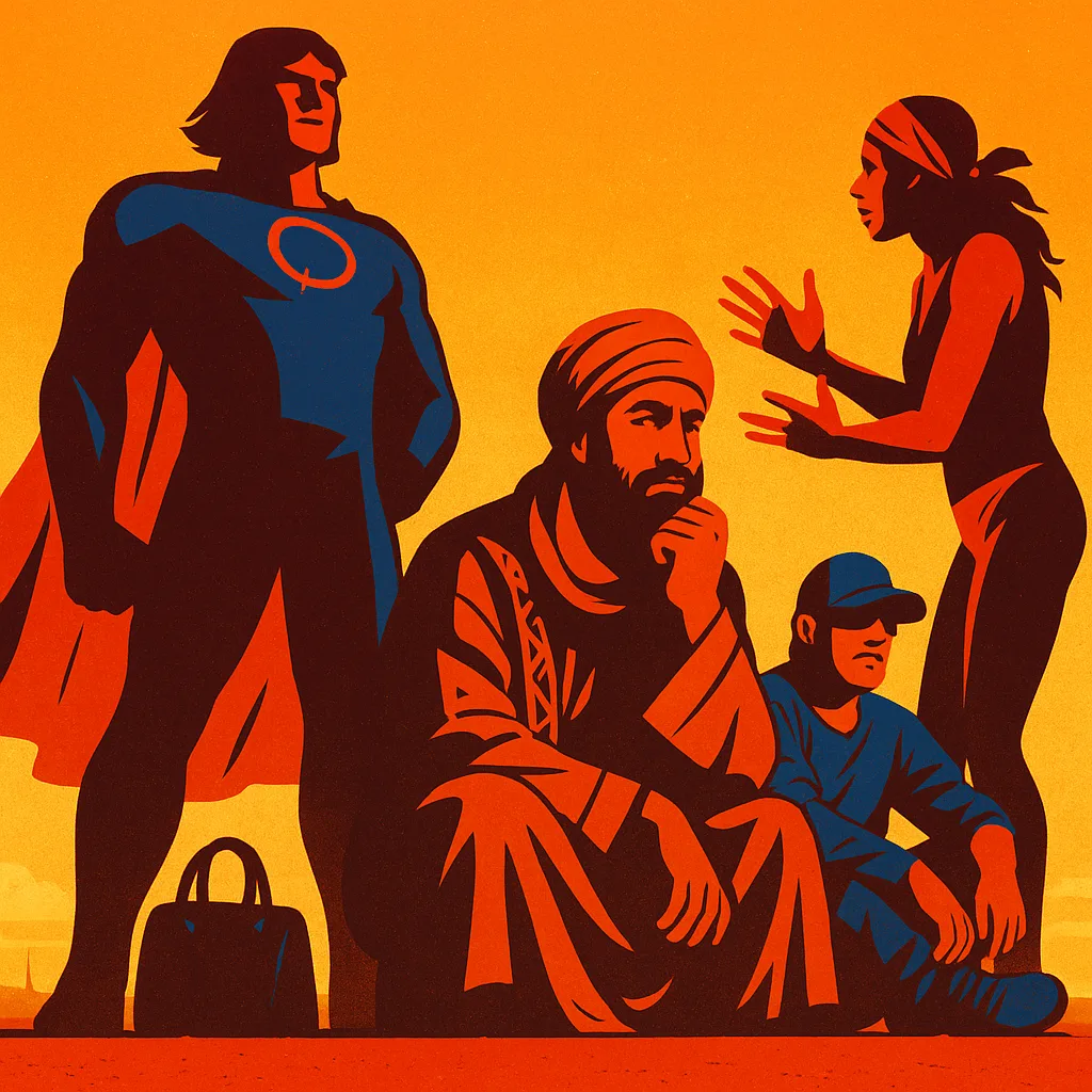 Four Figures Rendered in Bold Solid Colors Dominate the Frame