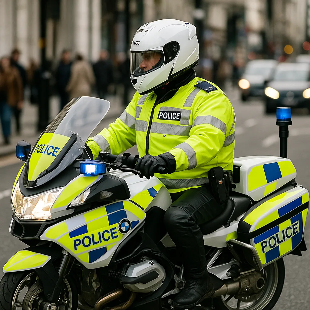 Police Officer Riding a High-visibility BMW Motorcycle on a City