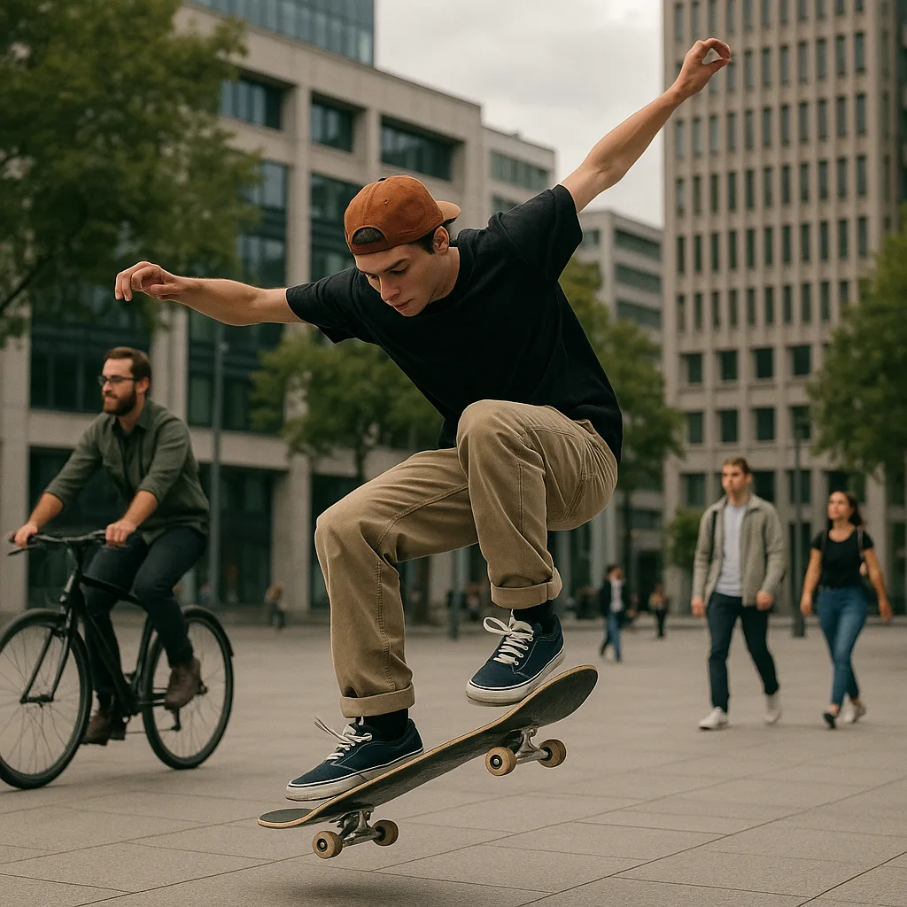 Skateboarder Performing a Trick in an Urban Plaza