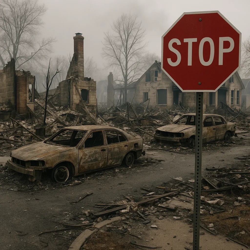 Street Scene Showing Destroyed Houses and Burnt Cars
