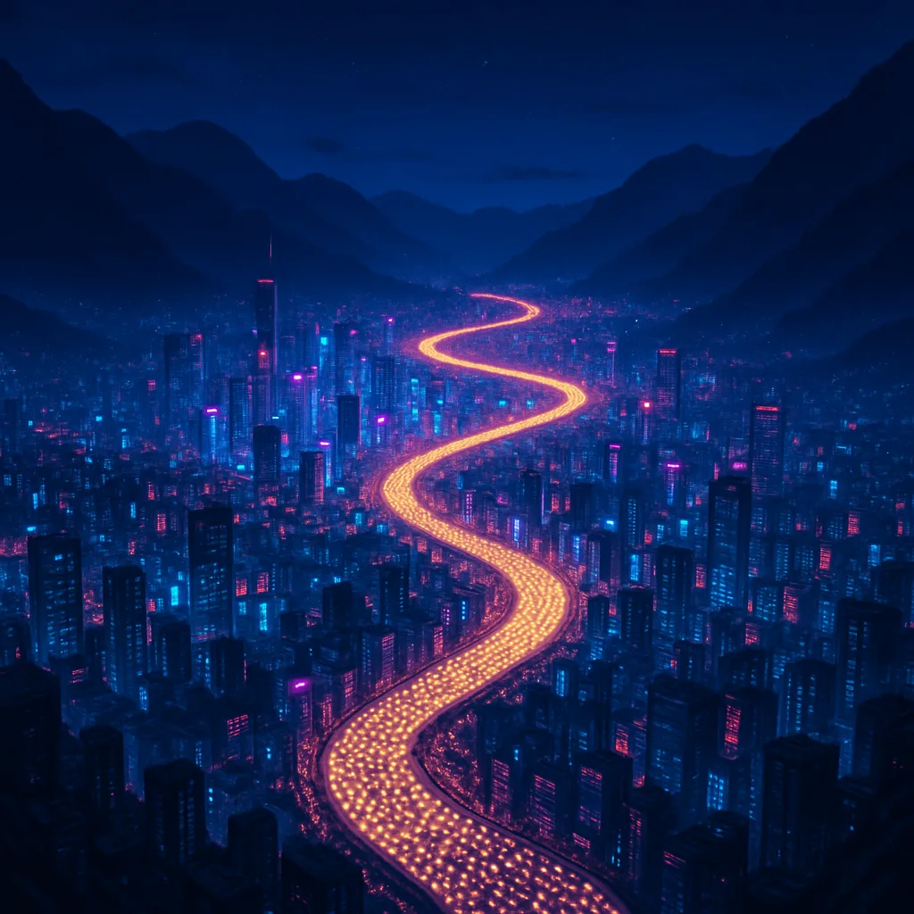 Winding River of Innumerable Car Headlights Snakes