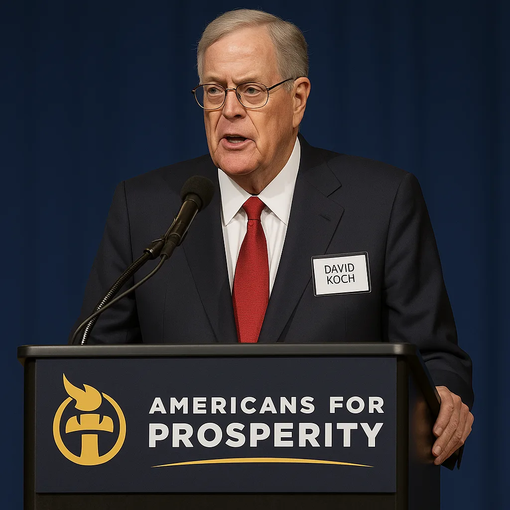 Man Wearing a Suit and Tie with a "David Koch"