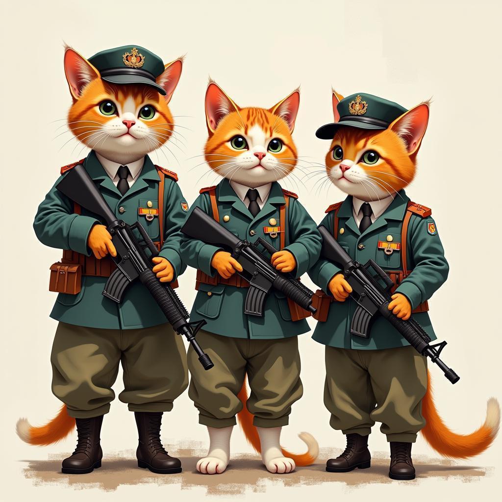 Painterly Trio of Armed Military Cats
