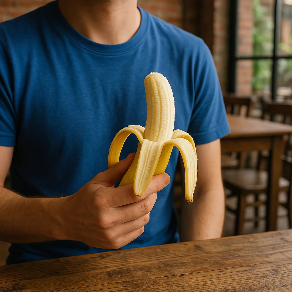 Person Wearing a Blue Shirt Holds a Partially Peeled Banana