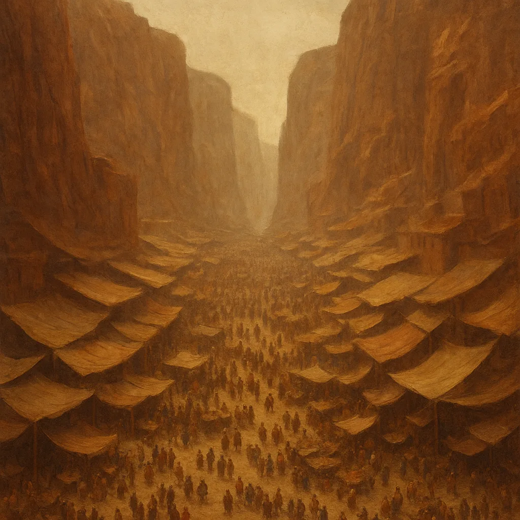 Myriad Tiny Figures Throng a Sprawling Ancient Marketplace