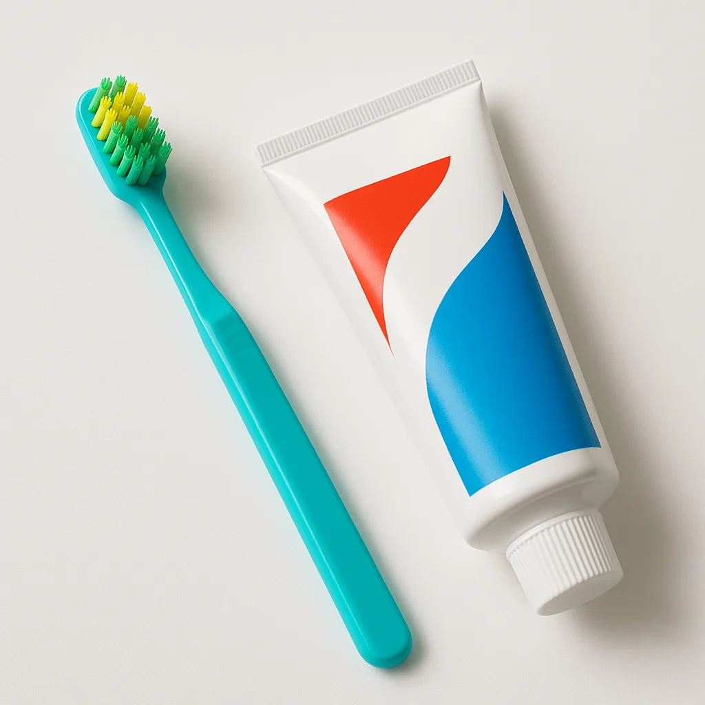 Tube of Toothpaste Positioned Beside a Vividly Colored Toothbrush