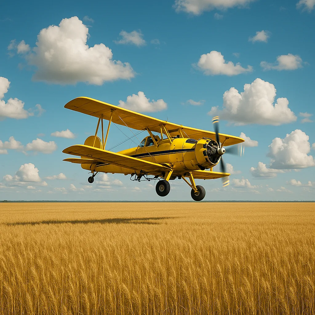 Yellow Crop Duster Plane Flies Above a Vast Field