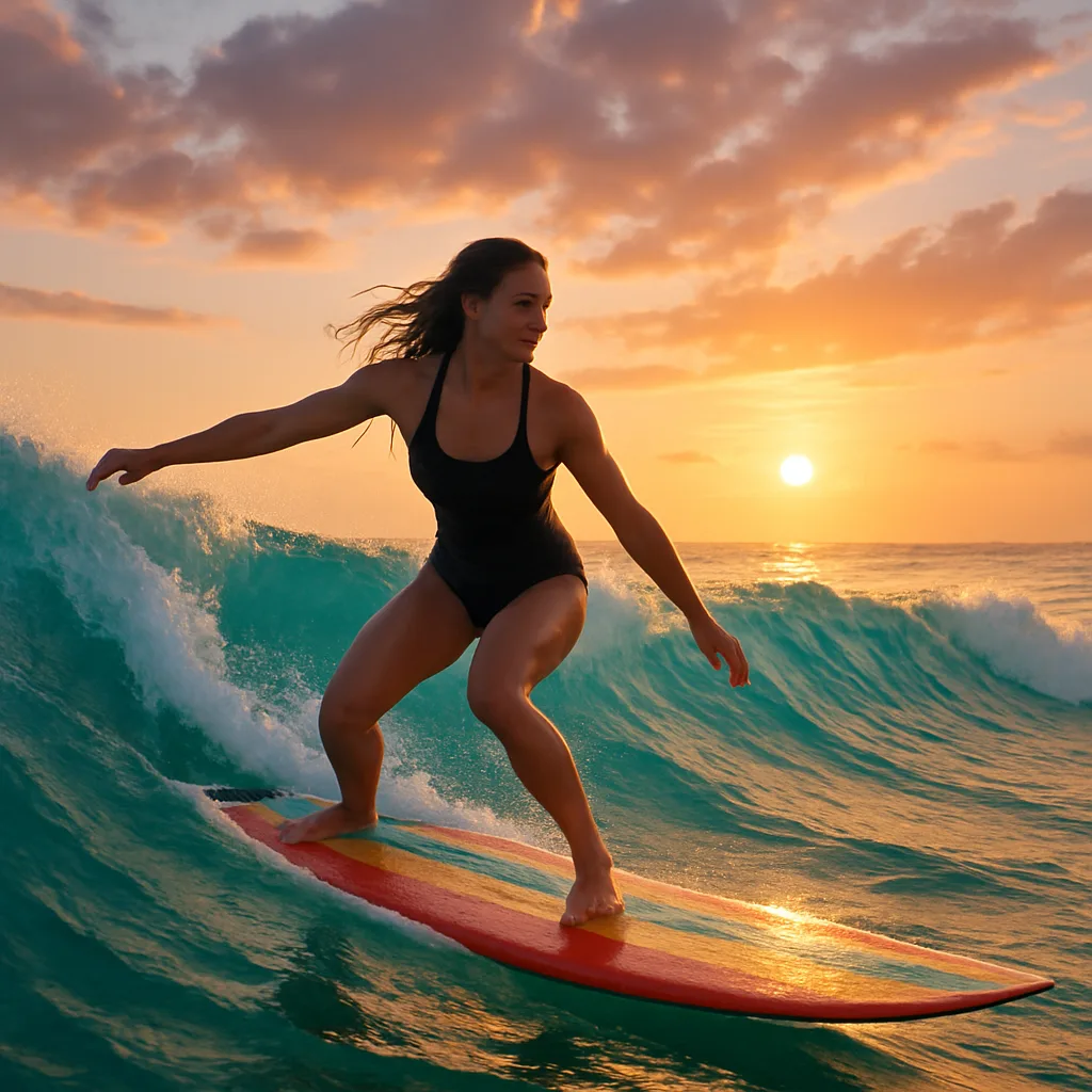 Woman Rides a Vibrant Surfboard