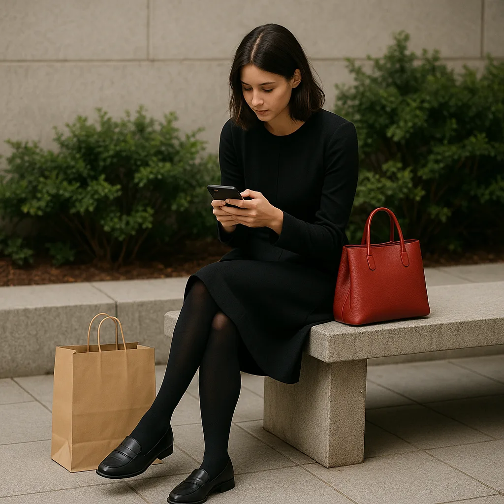 Woman Dressed in Black Sits on an Outdoor Concrete Bench