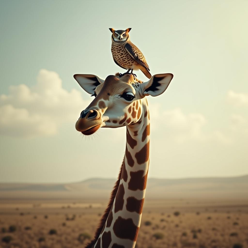 Giraffe and Owl in Ethereal Matte Painting