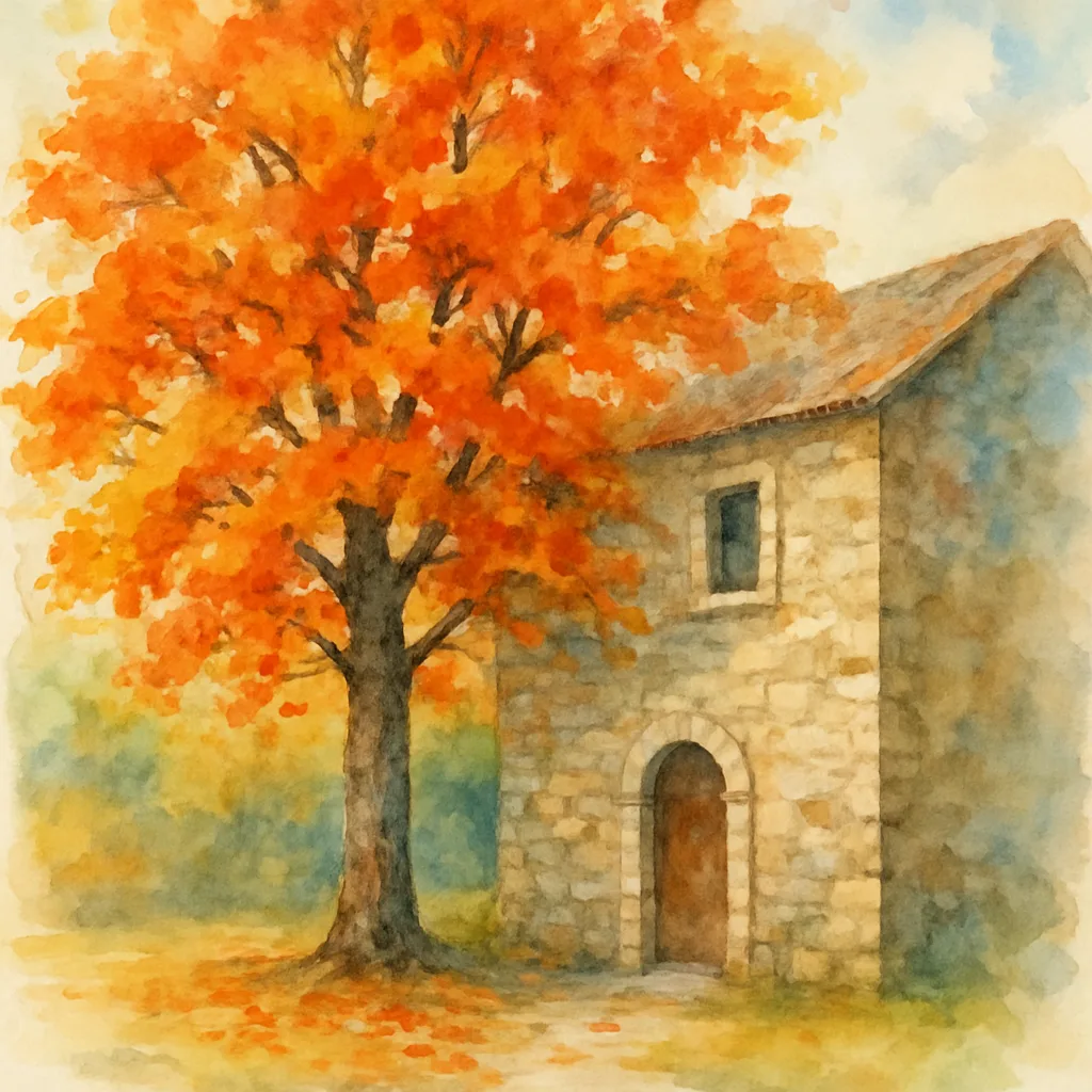 Tree with Fall-colored Foliage Painted in Watercolor Next