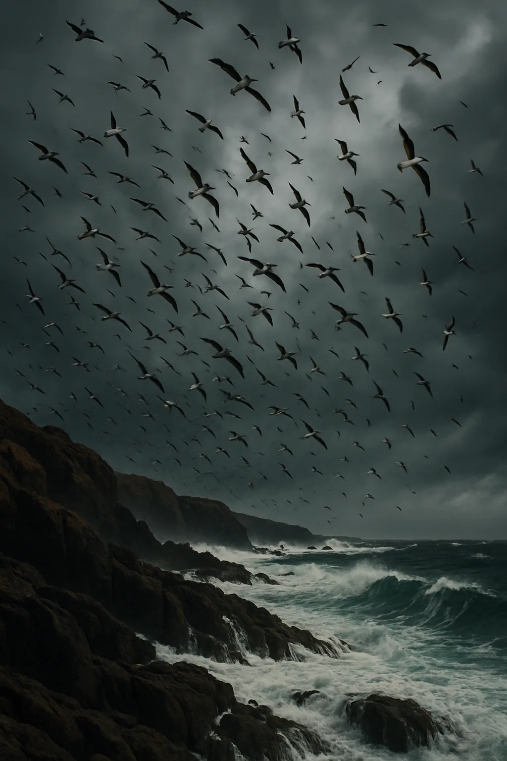 Vast Flock of Seabirds Wheels and Dives Above a Windswept