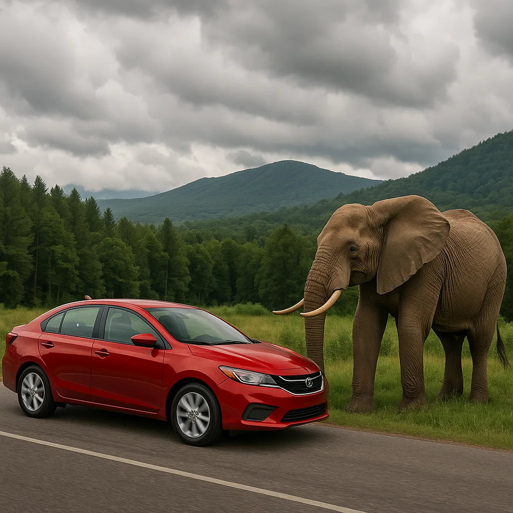 Red Vehicle Moving by an Elephant Close to a Forest
