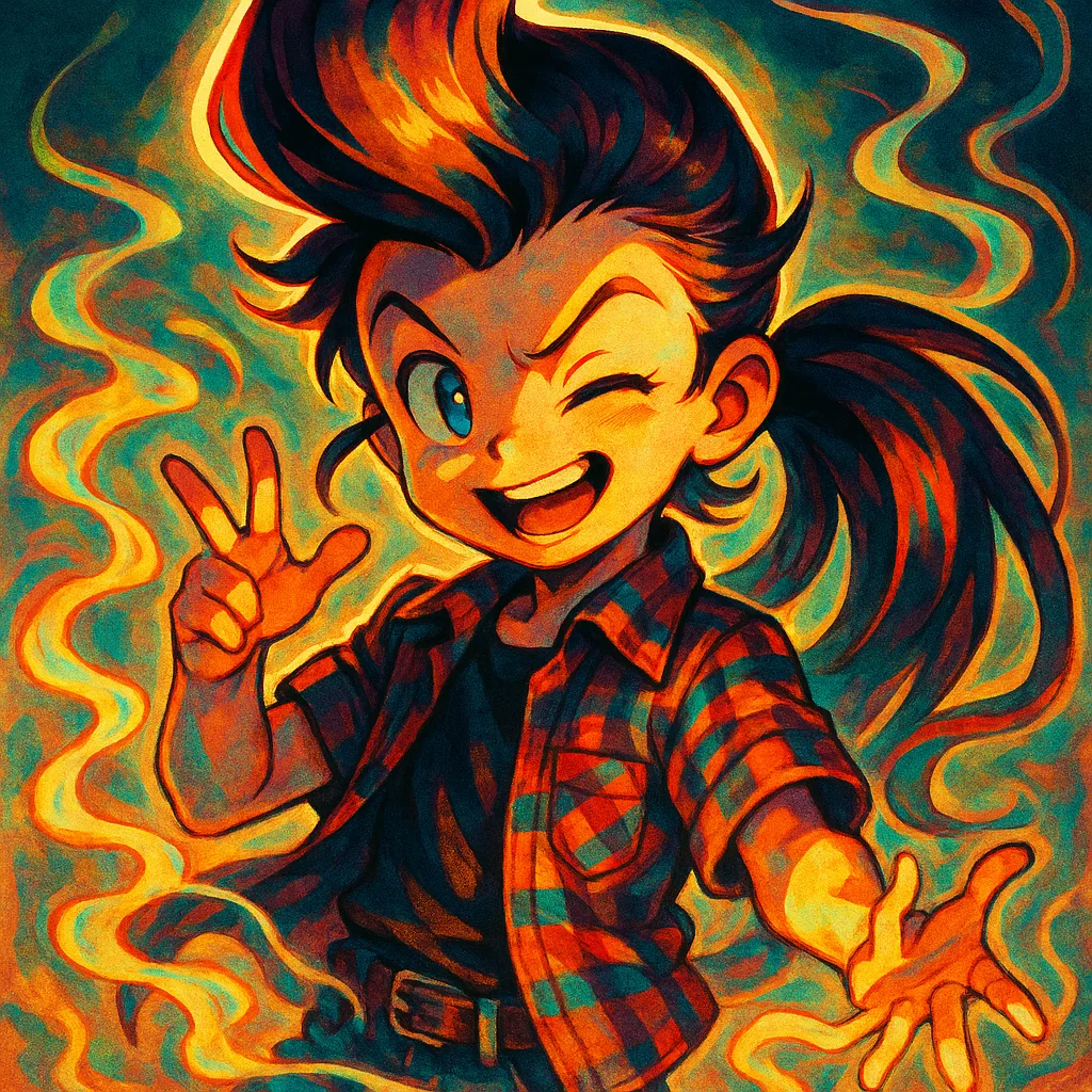 Anime-styled Rockabilly Child Radiates Dynamic Energy Through a Playful Wink