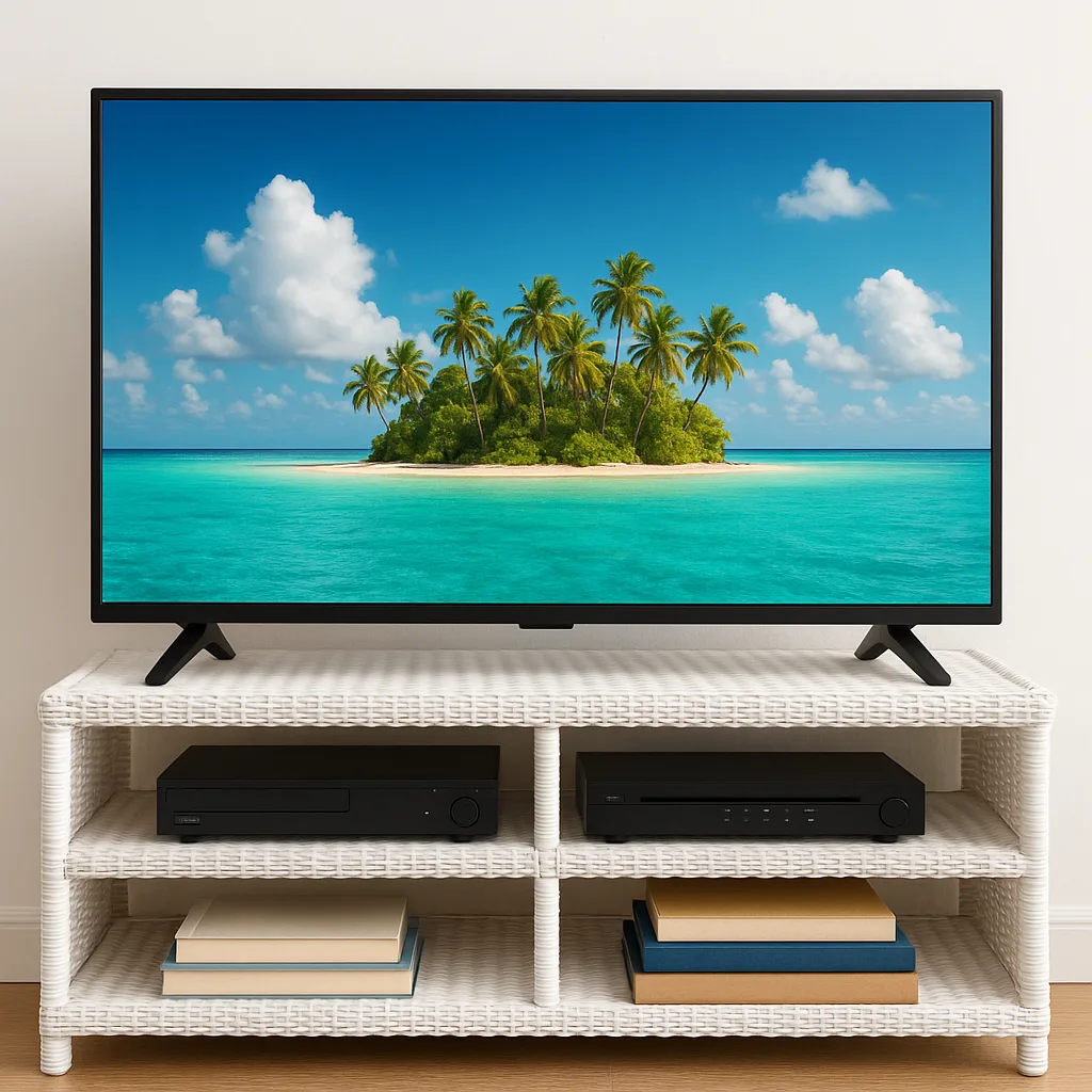 Flat-screen TV Displaying a Tropical Island Scene Sits