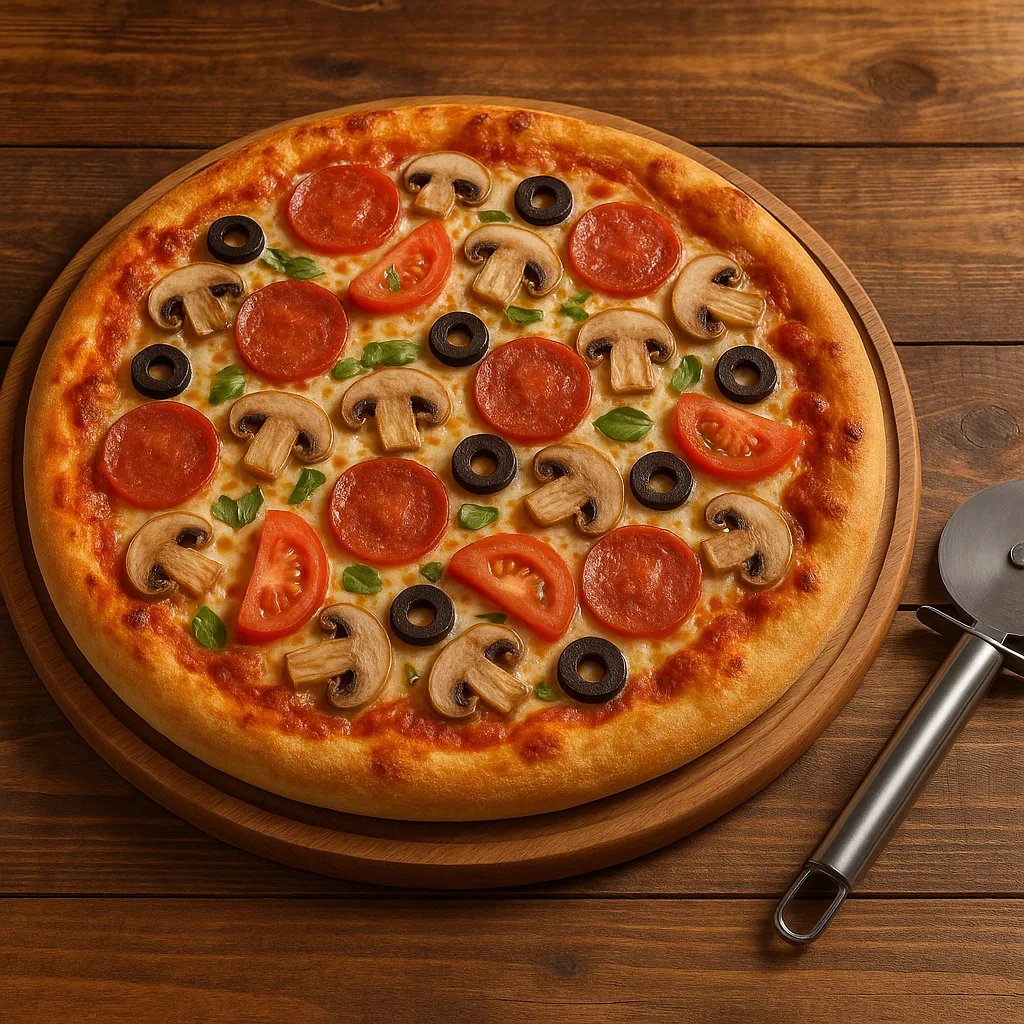 Wooden Cutting Board Holds a Freshly Baked Pizza