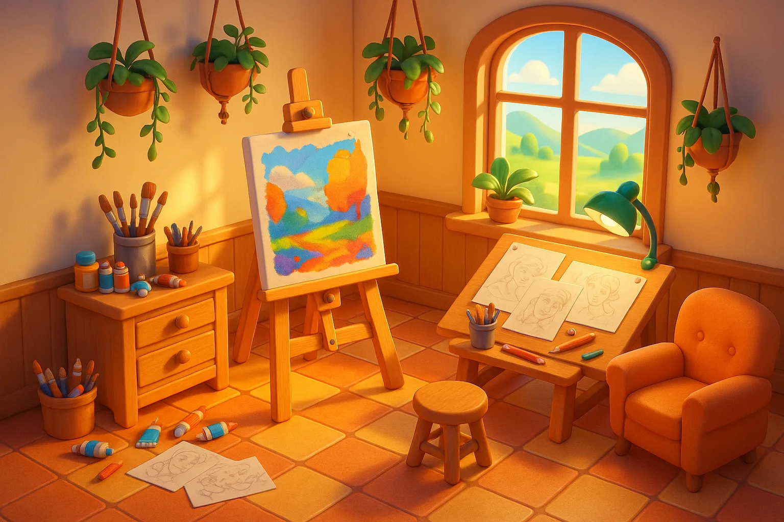 Dynamic Art Studio Rendered in a Lively 3D Style