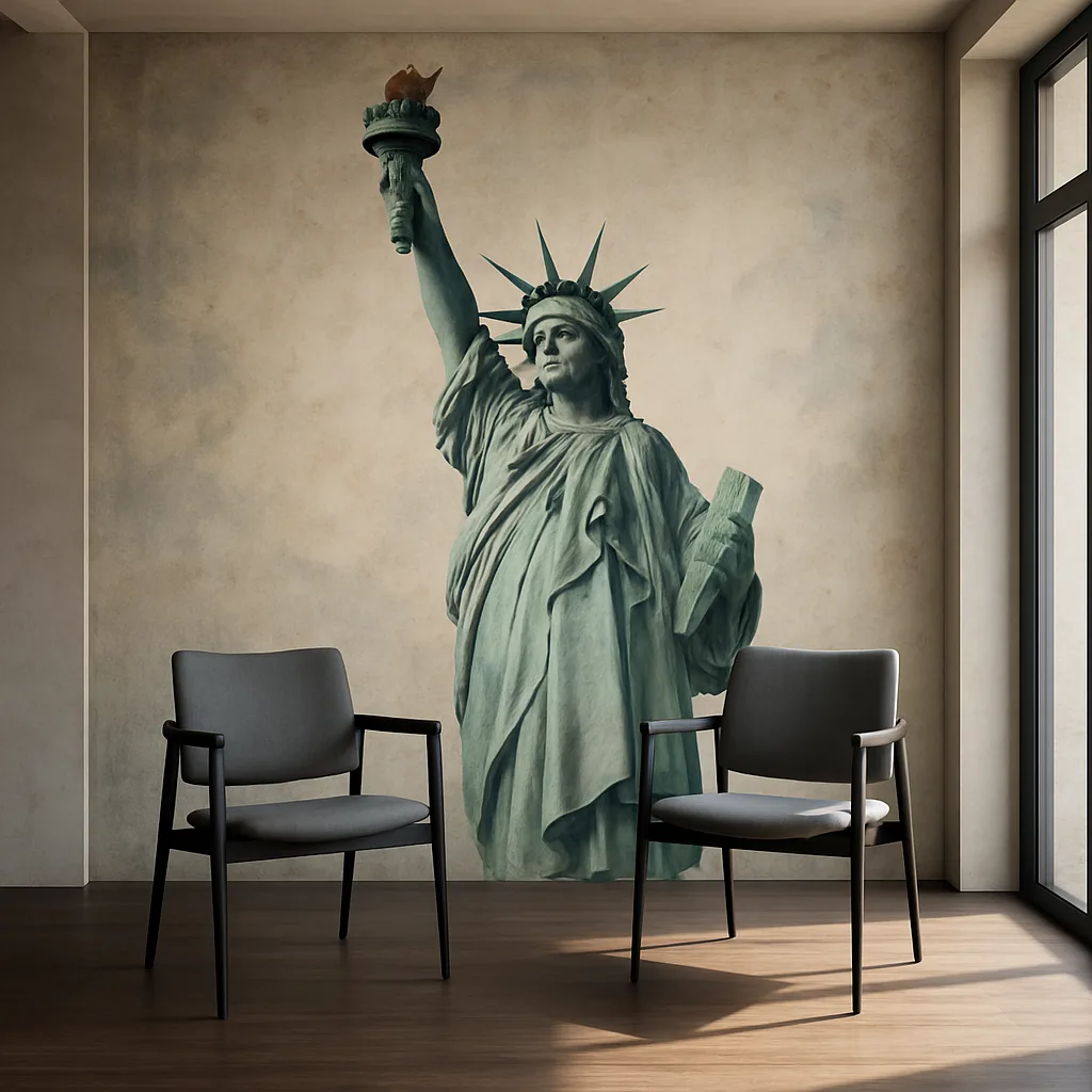 Roomy Interior Showcases a Striking Mural of the Statue