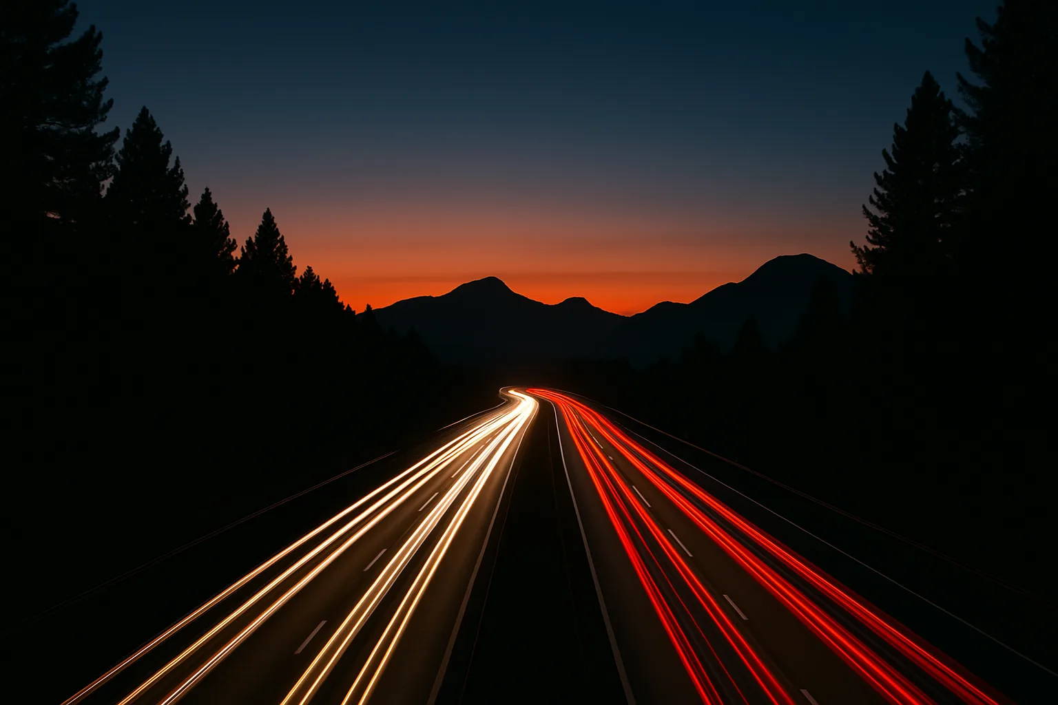 Highway at Dusk with Long Exposure Light Trails from Vehicles