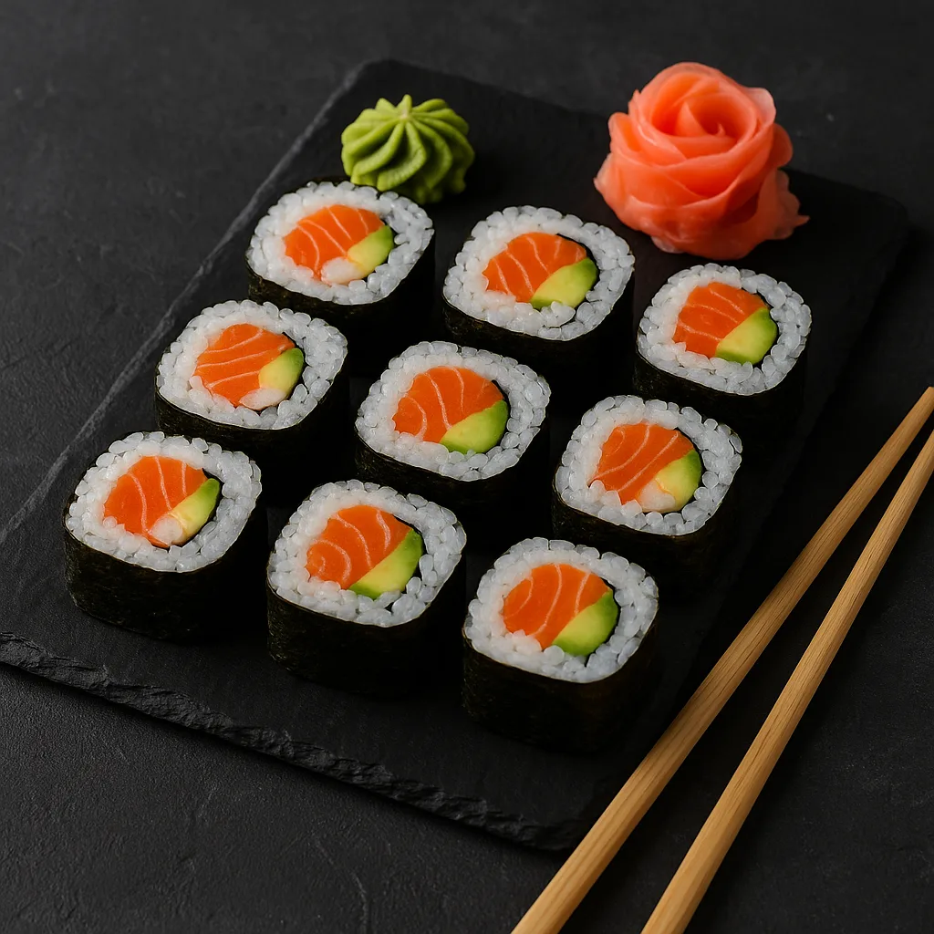 Sushi Rolls Arranged on a Black Slate Platter with Chopsticks