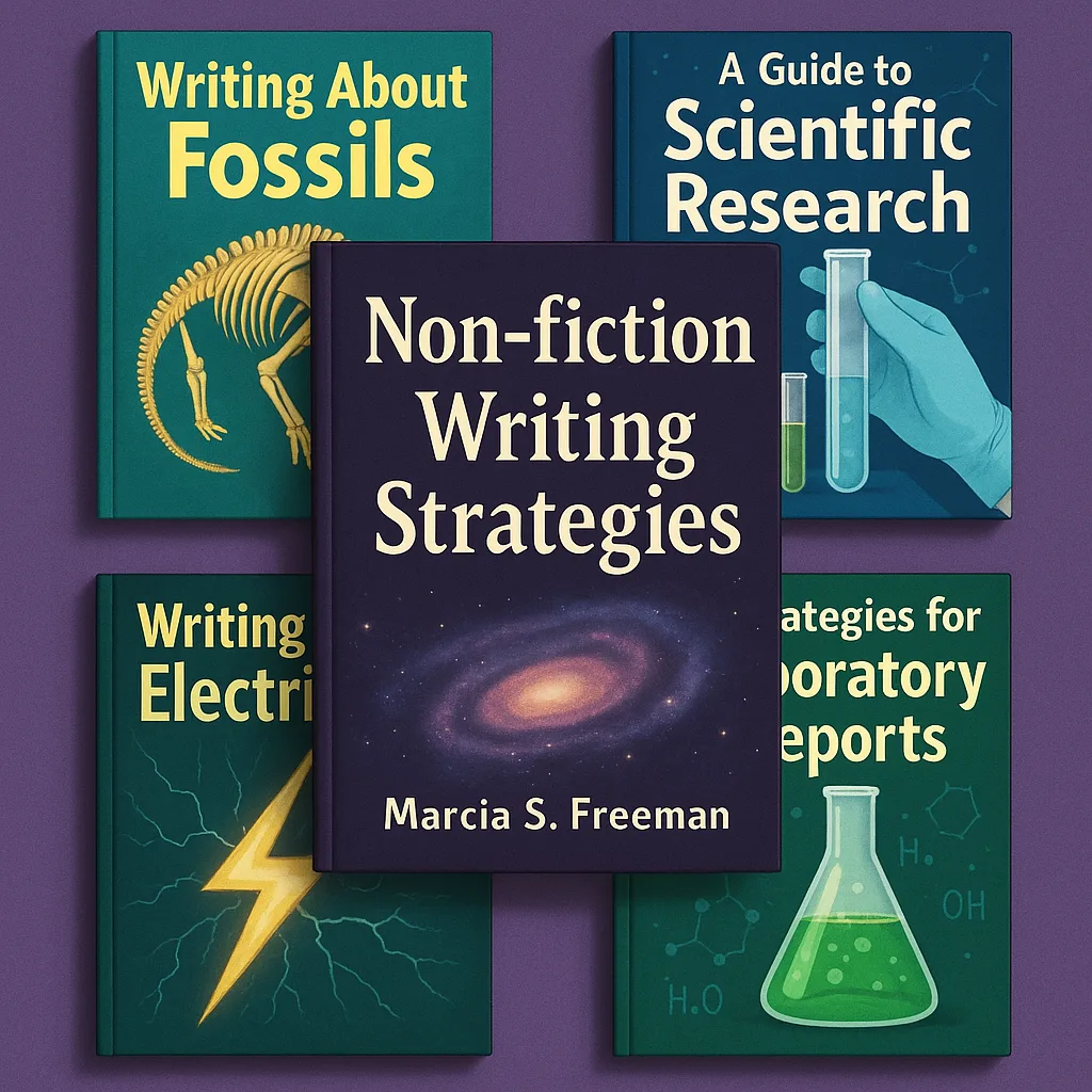 Collection of Science-themed Book Covers Arranged Against a Purple Background