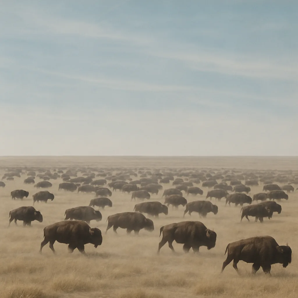 Vast Herd of Distant Bison Moves Slowly Across an Expansive