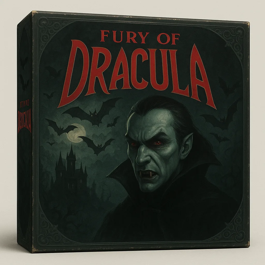 Dark and Atmospheric Board Game Box Titled "Fury of Dracula,"