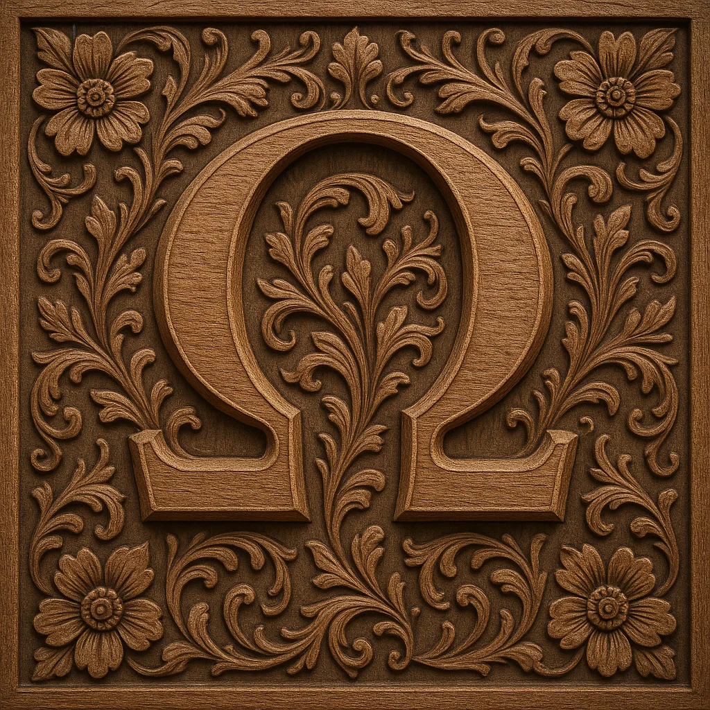 Detailed Carving in Wood Featuring the Greek Letter Omega
