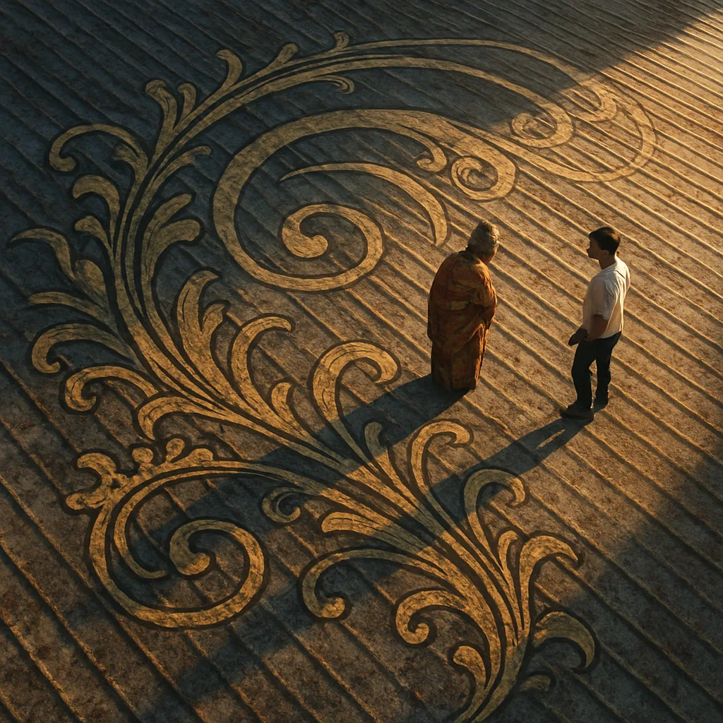 Two Diminutive Figures—one in a Broadly Patterned Wrap