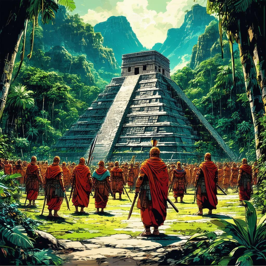 Manga Priests Gathering at Jungle Aztec Pyramid
