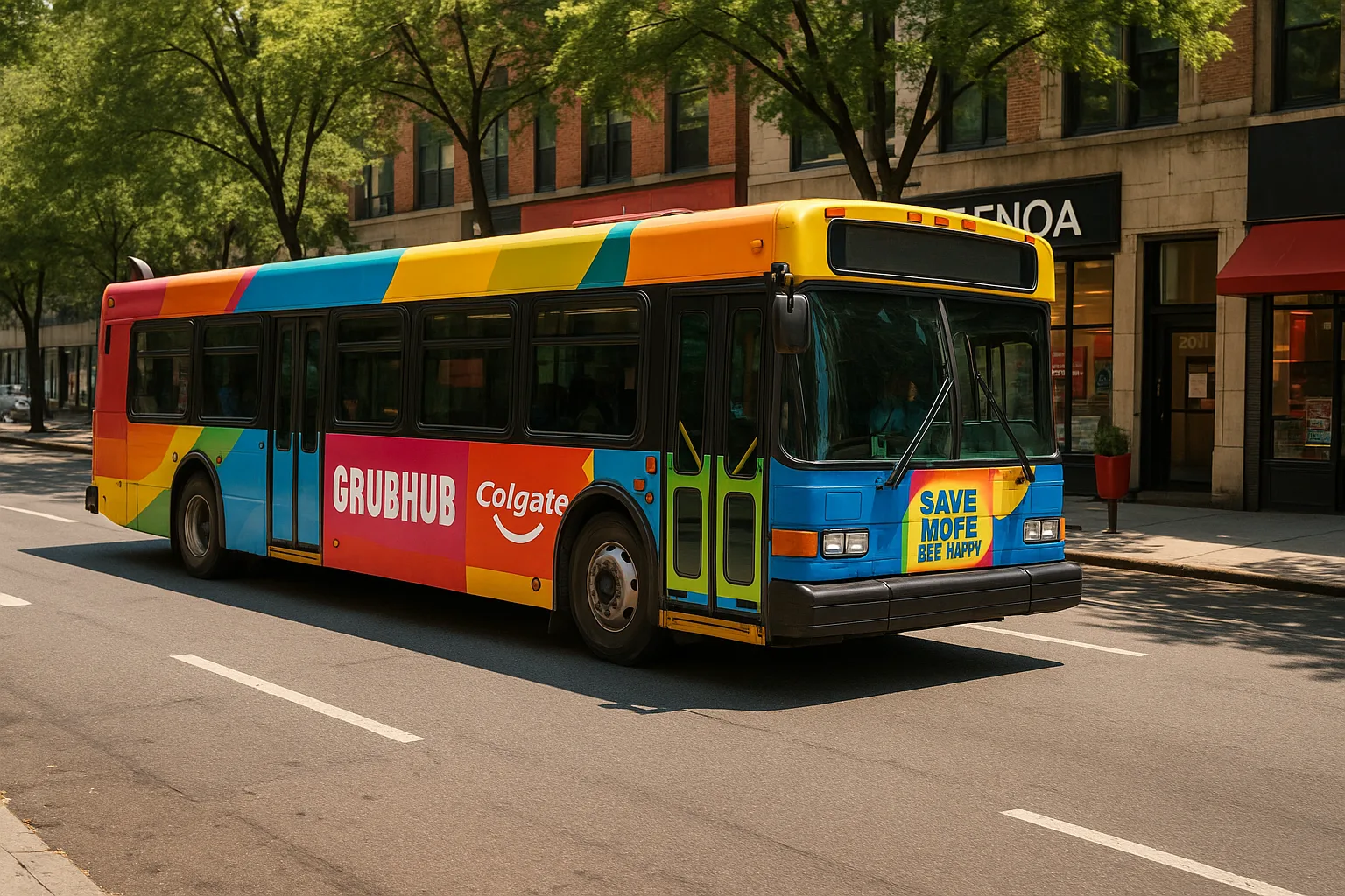 Colorful Public Bus Drives Down a Tree-lined Urban Street