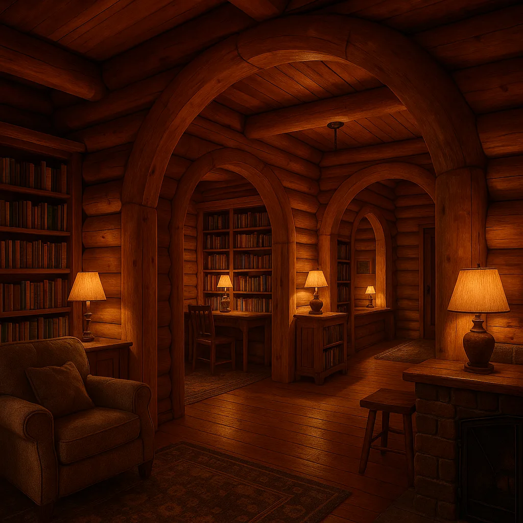 Cozy Log Home Interior with Arched Doorways