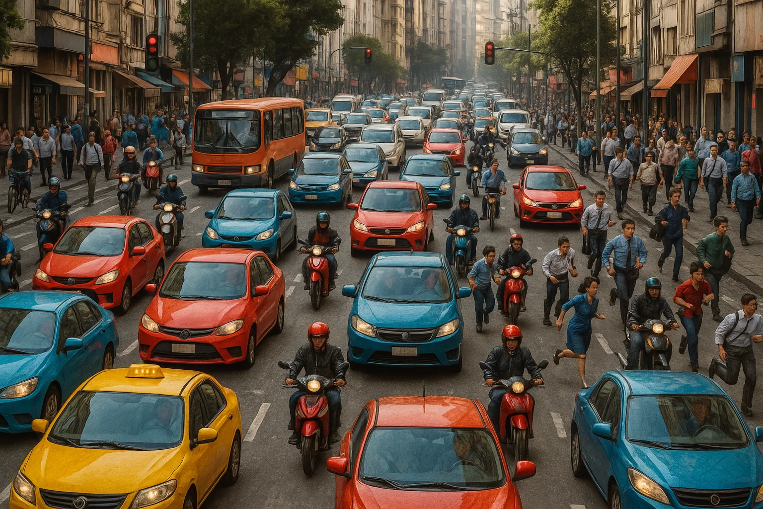 Energetic City Street Filled with Vibrant Cars