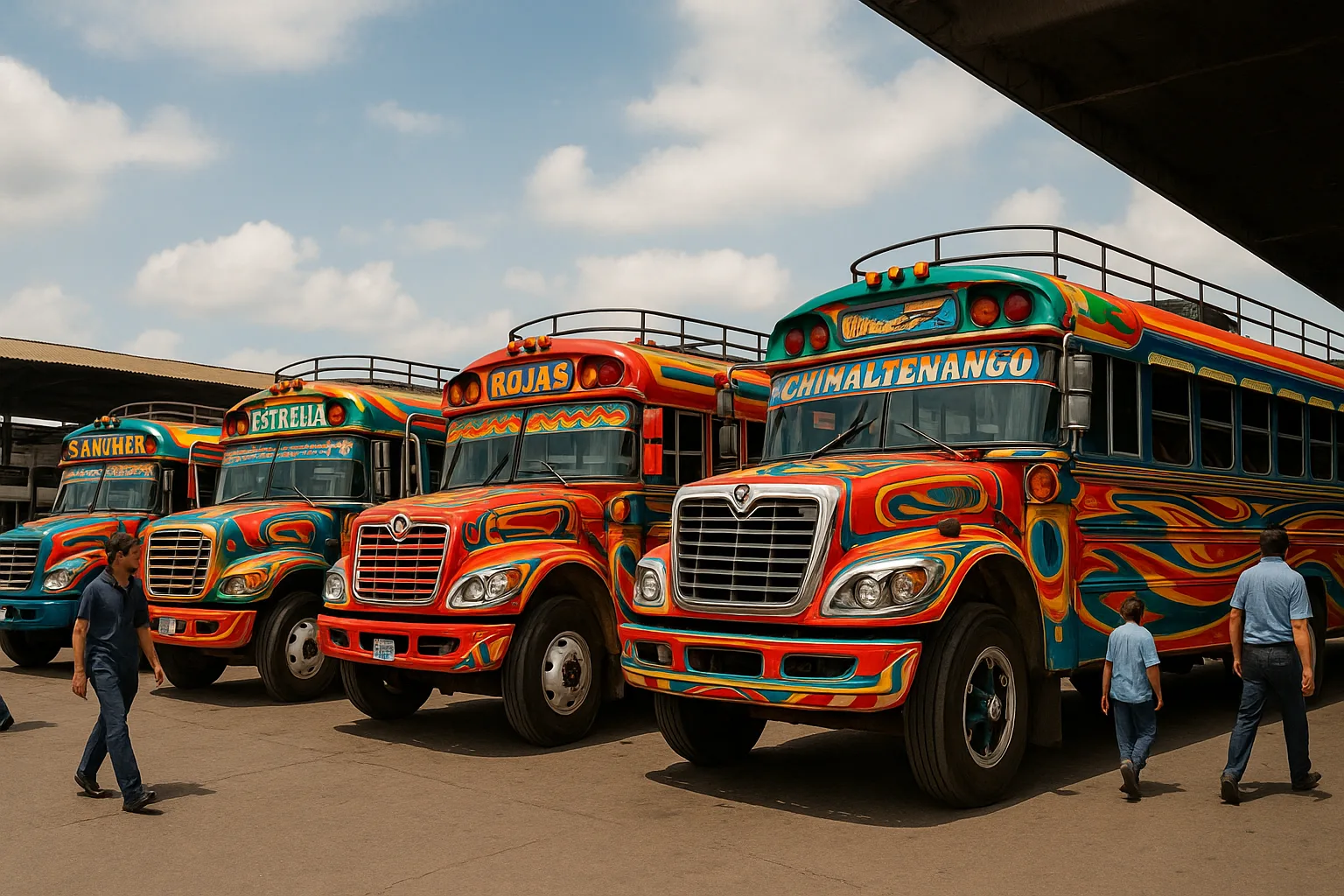 Row of Vibrantly Painted Buses Parked at a Bus Terminal