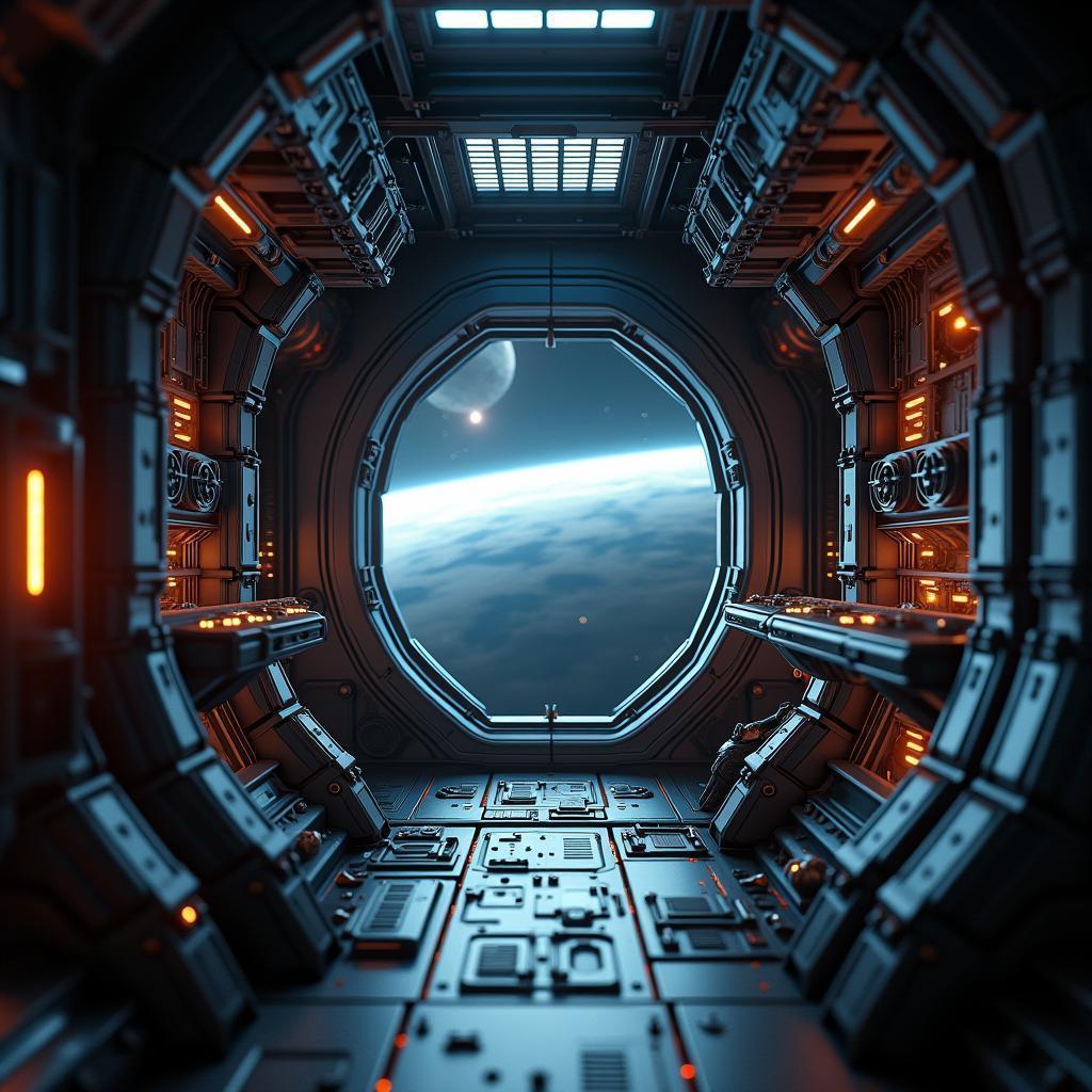 Chiaroscuro Starship Engine Room With Distant Planet
