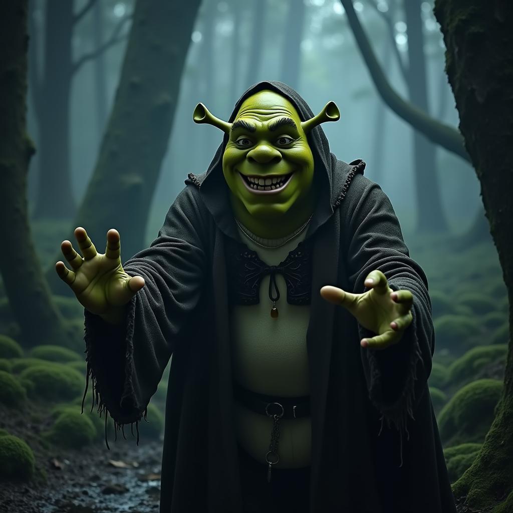 Shrek Casting Spells in a Foggy Swamp