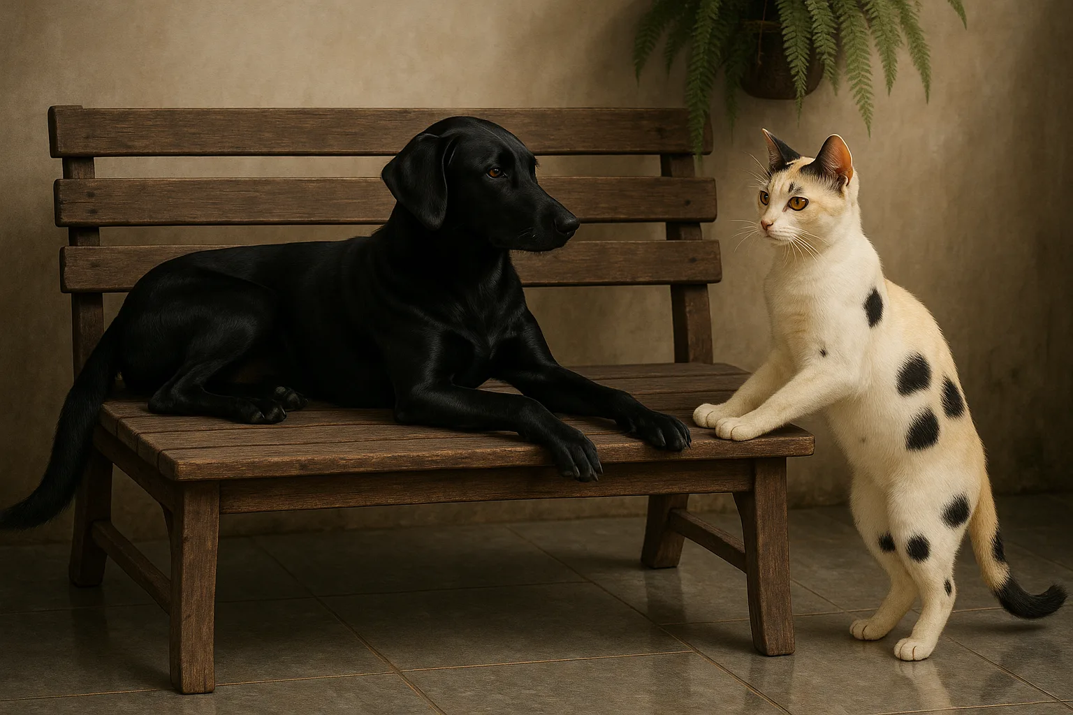 Glossy-coated Black Dog Lounges Elegantly on a Rustic Wooden Bench