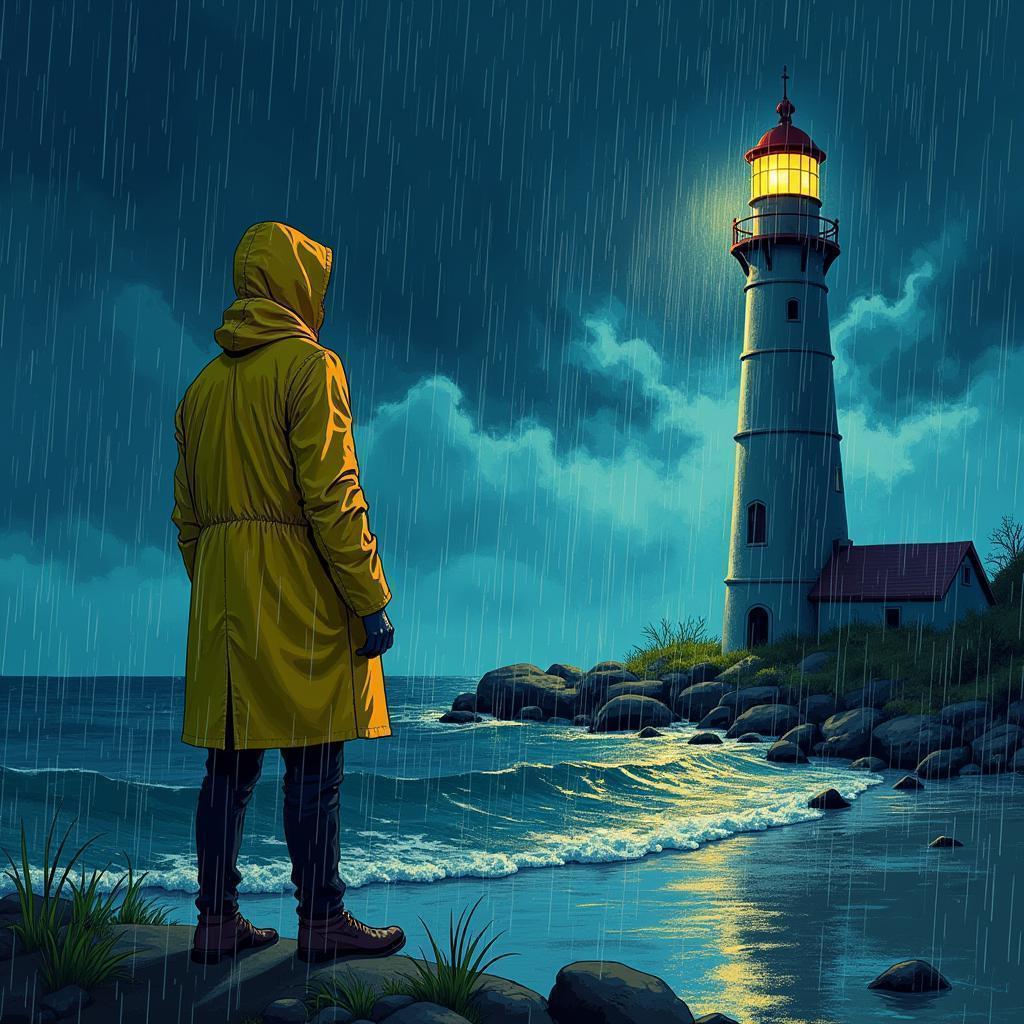 Yellow Raincoat Vigil Under Lighthouse Storm