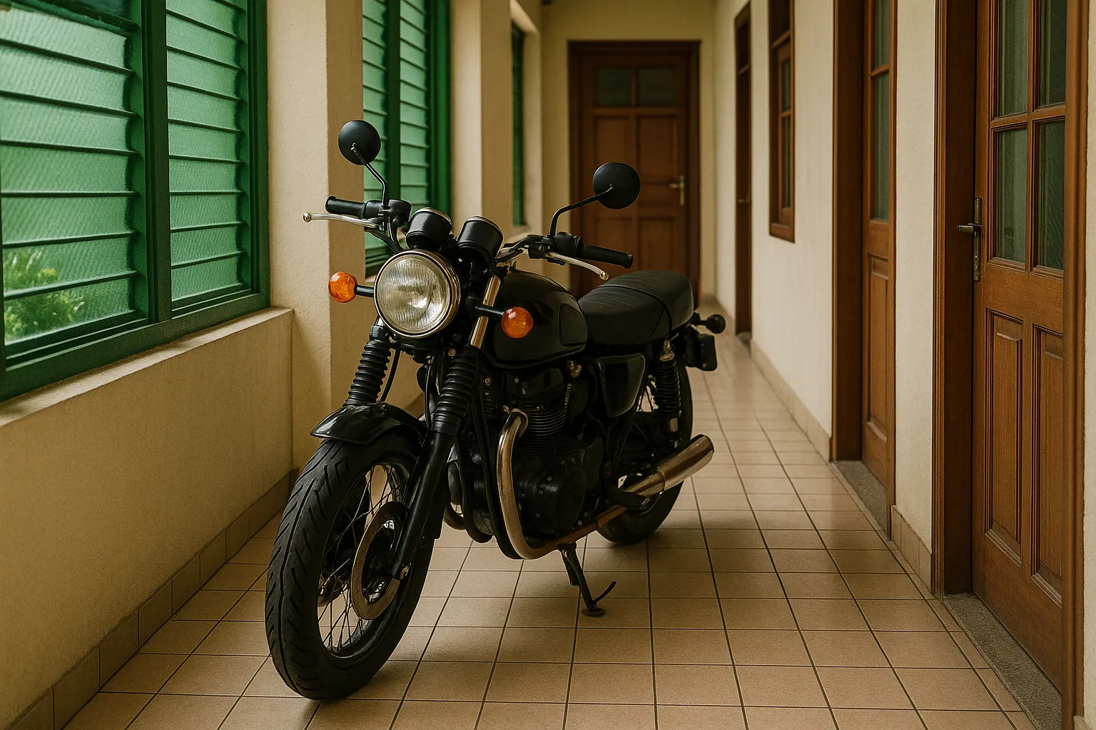 Motorcycle Parked Indoors in a Narrow Tiled Corridor with Green-covered
