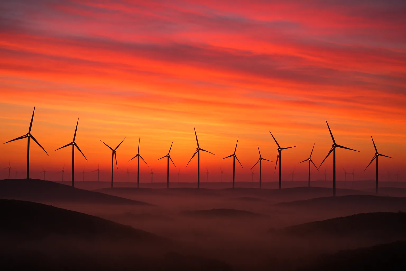 Rows of Numerous Wind Turbines Stand as Distant