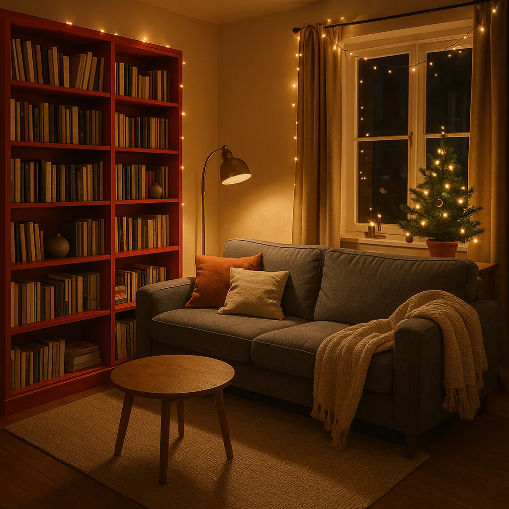 Cozy Living Room with a Red Bookshelf