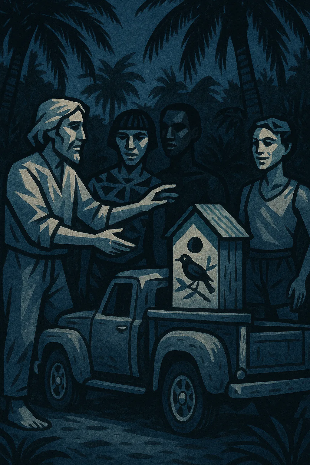 Mentor in Loose Attire Gestures to a Painted Birdhouse