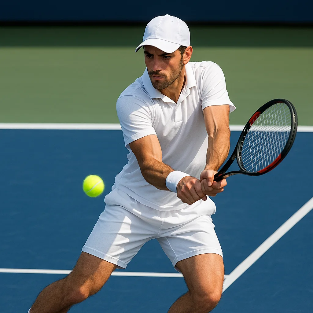 Tennis Player in White Sportswear Is Hitting a Backhand Stroke