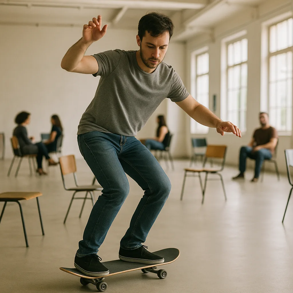 Man Balances on a Four-wheeled Skateboard Inside a Spacious Room