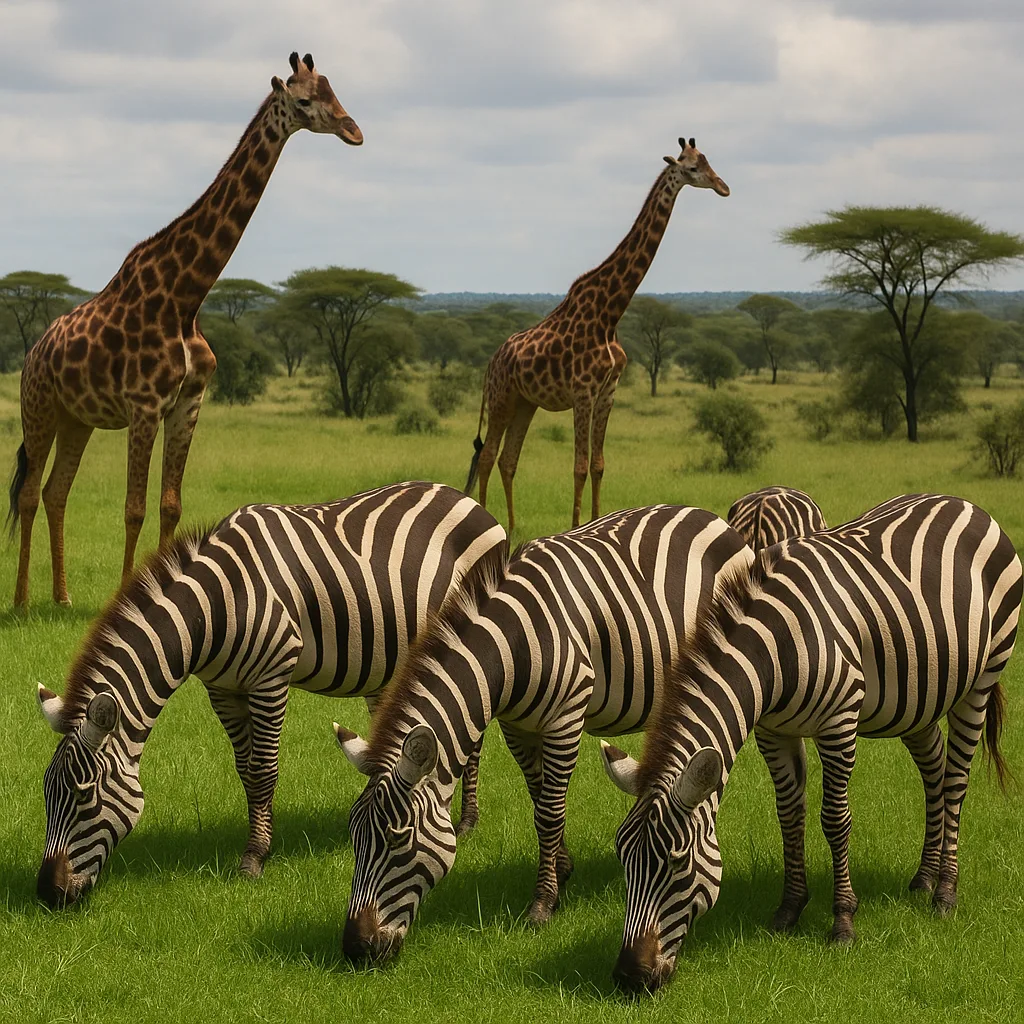 Group of Zebras Grazing on Green Grass