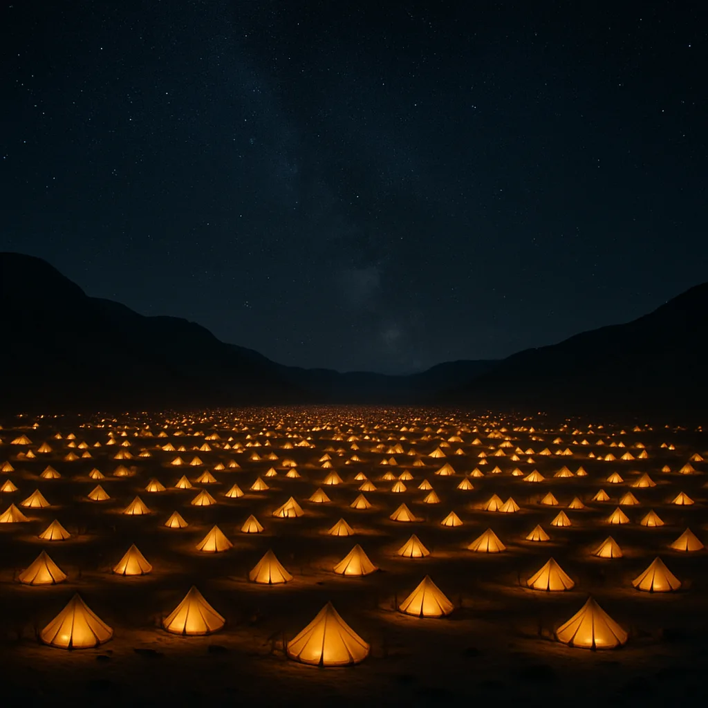 Sprawling Network of Countless Illuminated Tents Forms a Temporary City