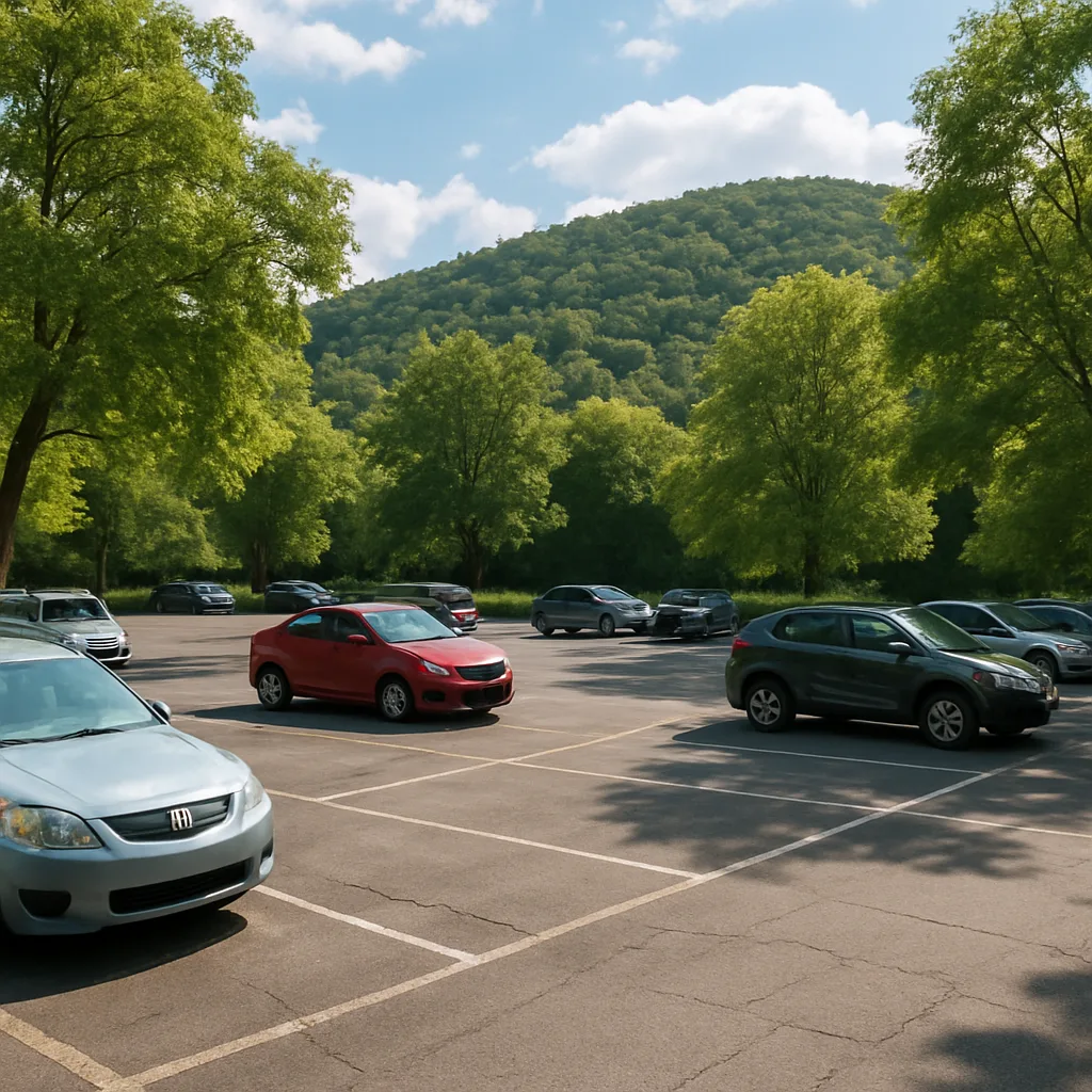 Parking Lot with Scattered Cars Surrounded by Trees