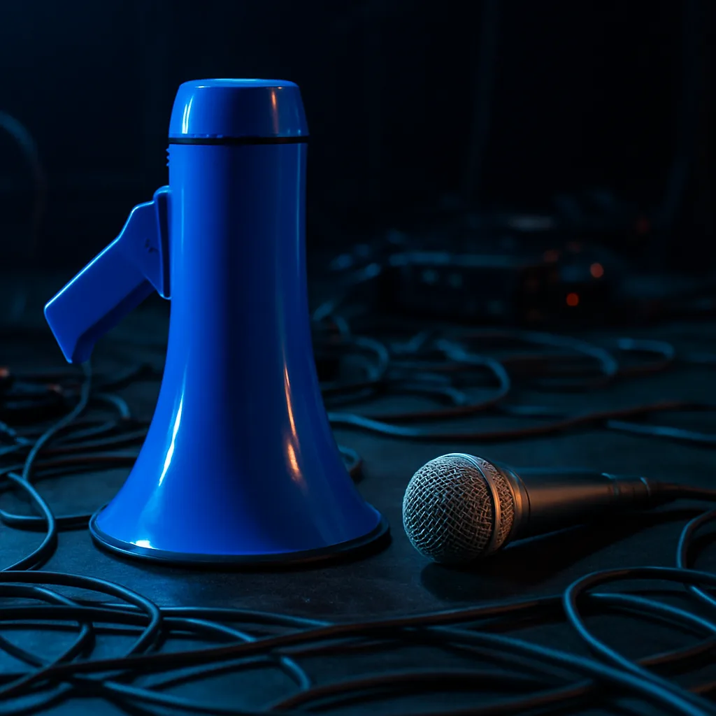Vivid Blue Megaphone Stands Upright on a Dimly Lit Stage